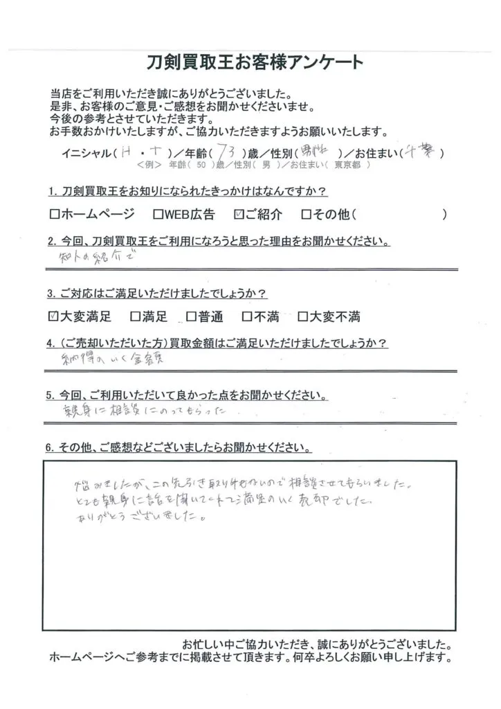 千葉県 H.T様のアンケート用紙