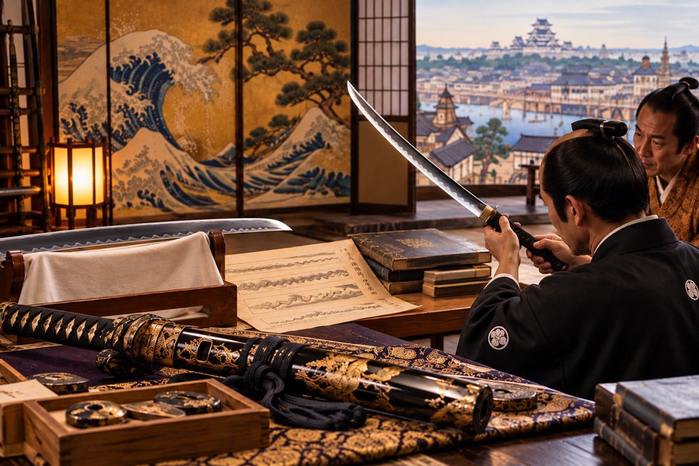 江戸時代の武士が日本刀の刃文を手で刀身に触れずに鑑賞し、拵や鐔の装飾にも目を向ける様子