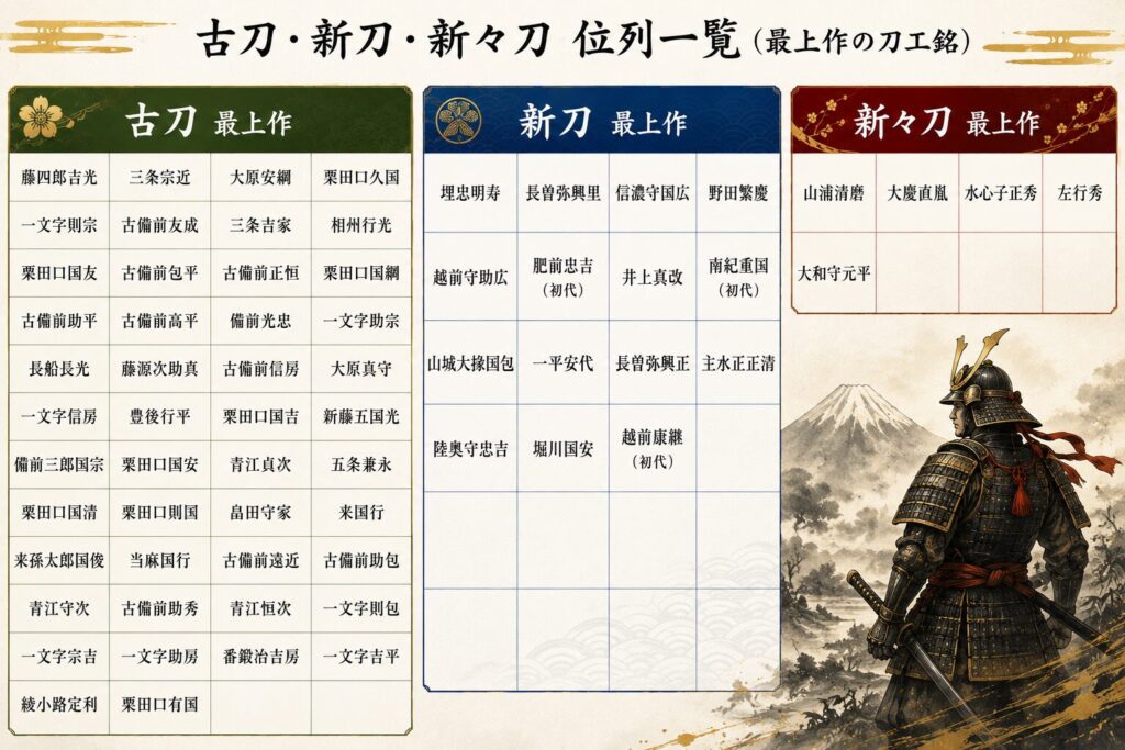 有名刀工の名前を並べた表