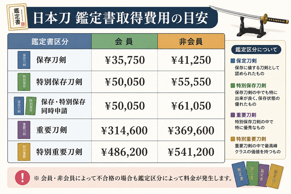 日本刀の鑑定にかかる審査料の目安を示した図