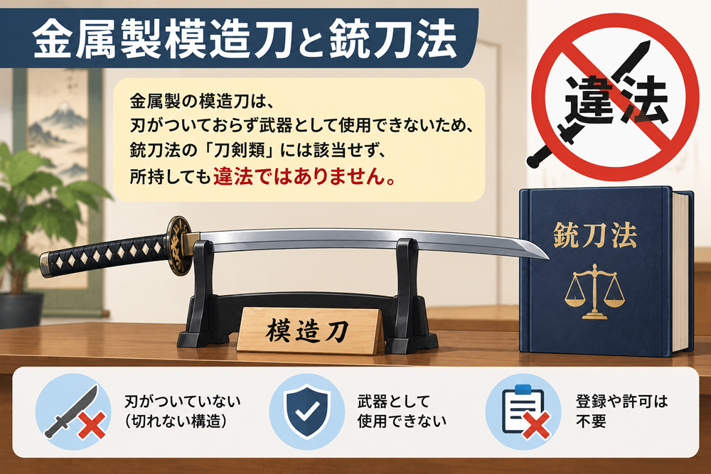 金属製模造刀と銃刀法の関係を解説するイラスト