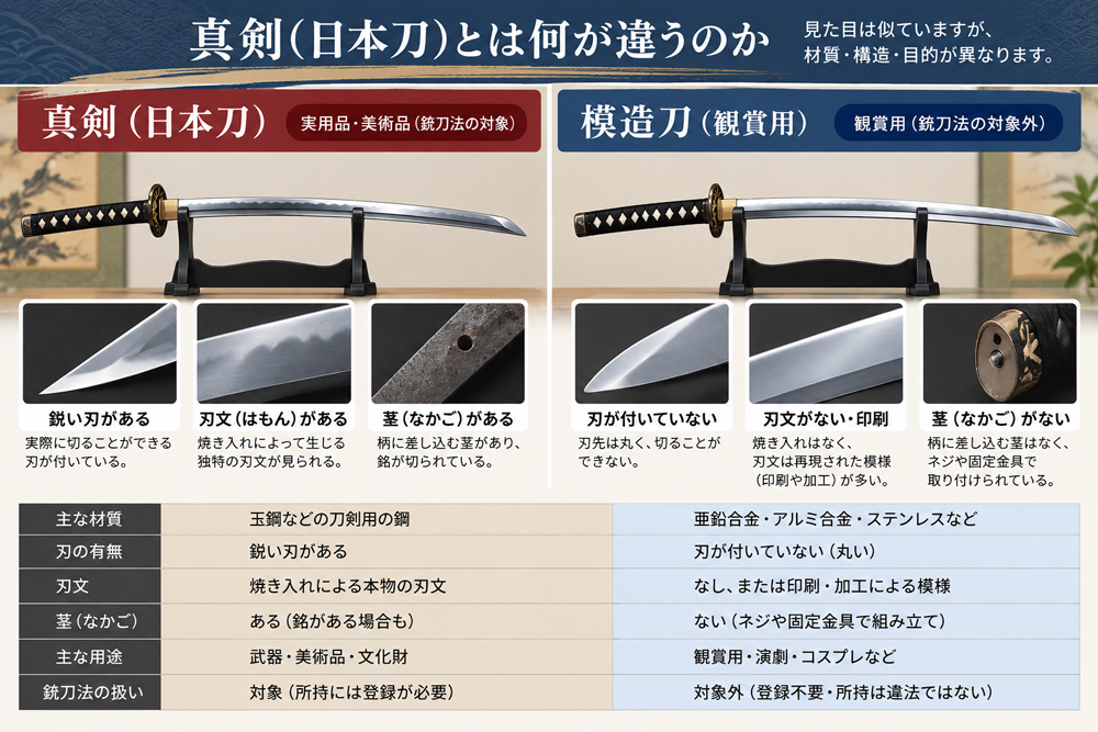真剣（日本刀）と模造刀の違いを比較したイラスト