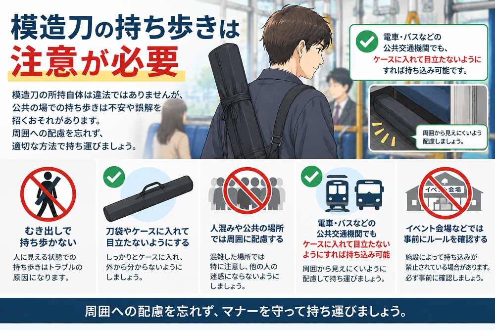 模造刀を電車やバスで持ち運ぶ際の注意点を示すイラスト
