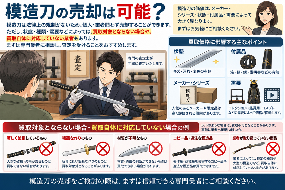 模造刀の売却が可能である一方、買取対象外となる場合や買取自体に対応していない業者があることを解説するイラスト