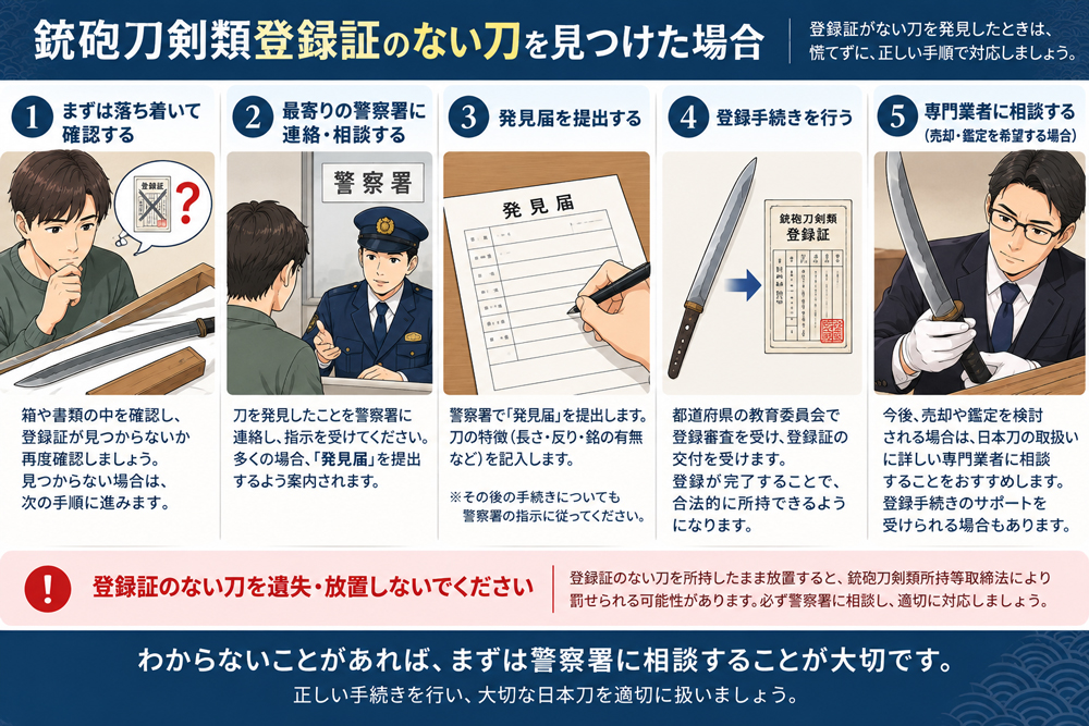 銃砲刀剣類登録証がない刀を見つけた場合の手続き手順のイラスト