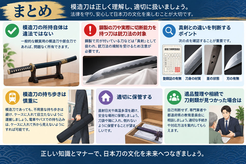 模造刀と真剣の違い、保管・運搬時の注意点、登録証や刀身・茎・刃の確認ポイント、相続や遺品整理で刀剣類を見つけた場合の相談先をまとめたイラスト