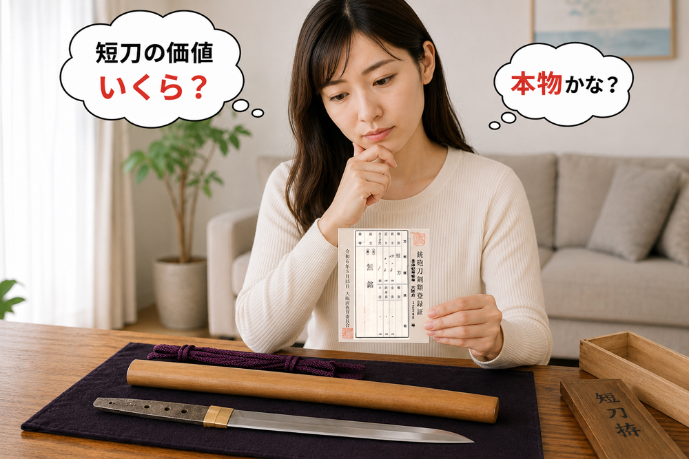 短刀を見て悩む女性のイラスト