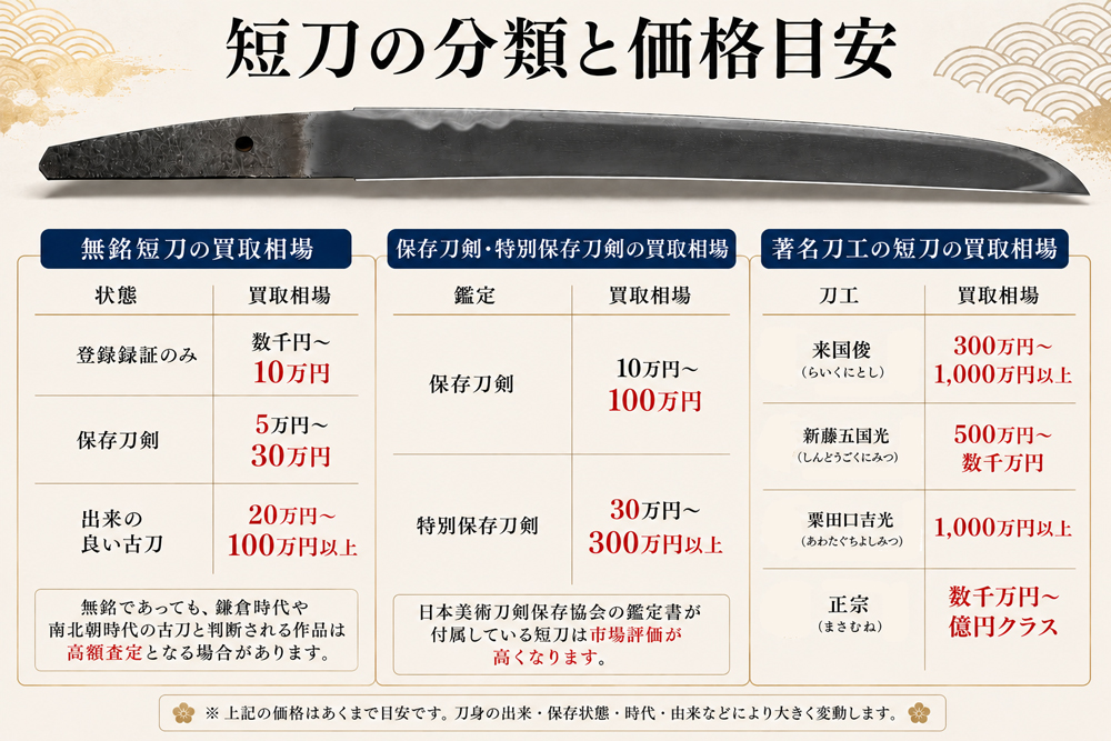 短刀の価格目安をイラスト化