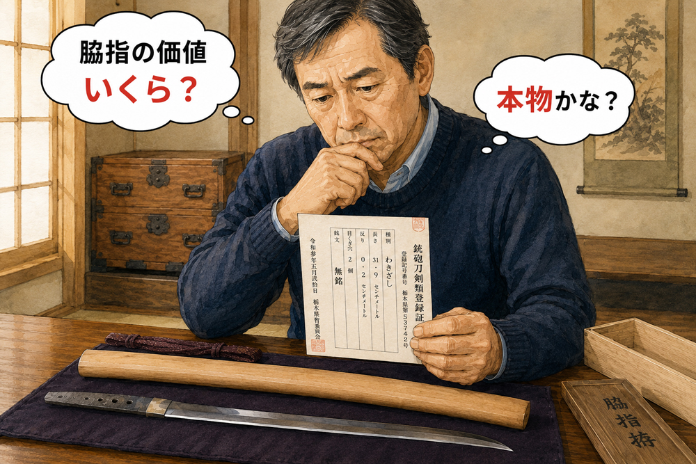脇指を見て悩む男性のイラスト