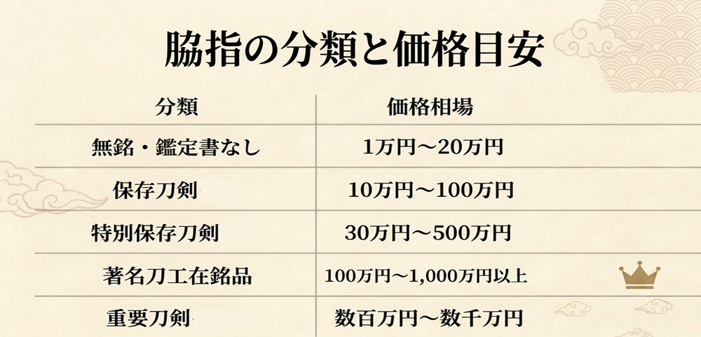 脇指の買取価格目安を表にしたイラスト