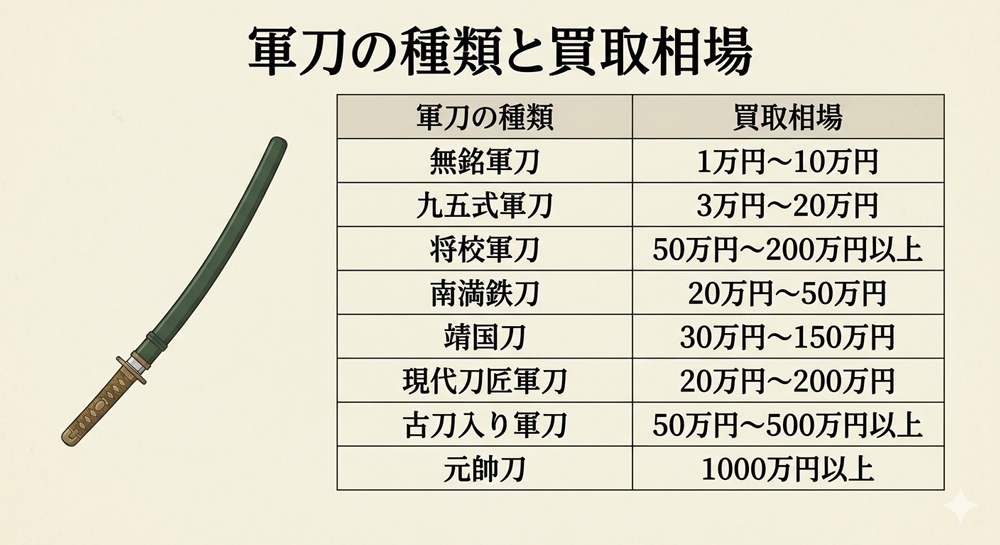 軍刀の買取価格の目安をまとめた表