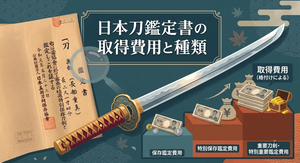 日本刀鑑定書の種類と取得費用を示したイラスト