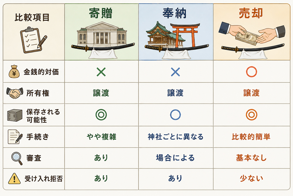 寄贈・奉納・売却の比較表