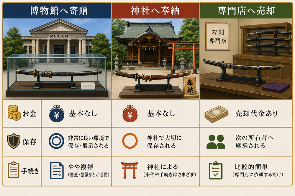 寄贈・奉納・売却の比較をイラスト化