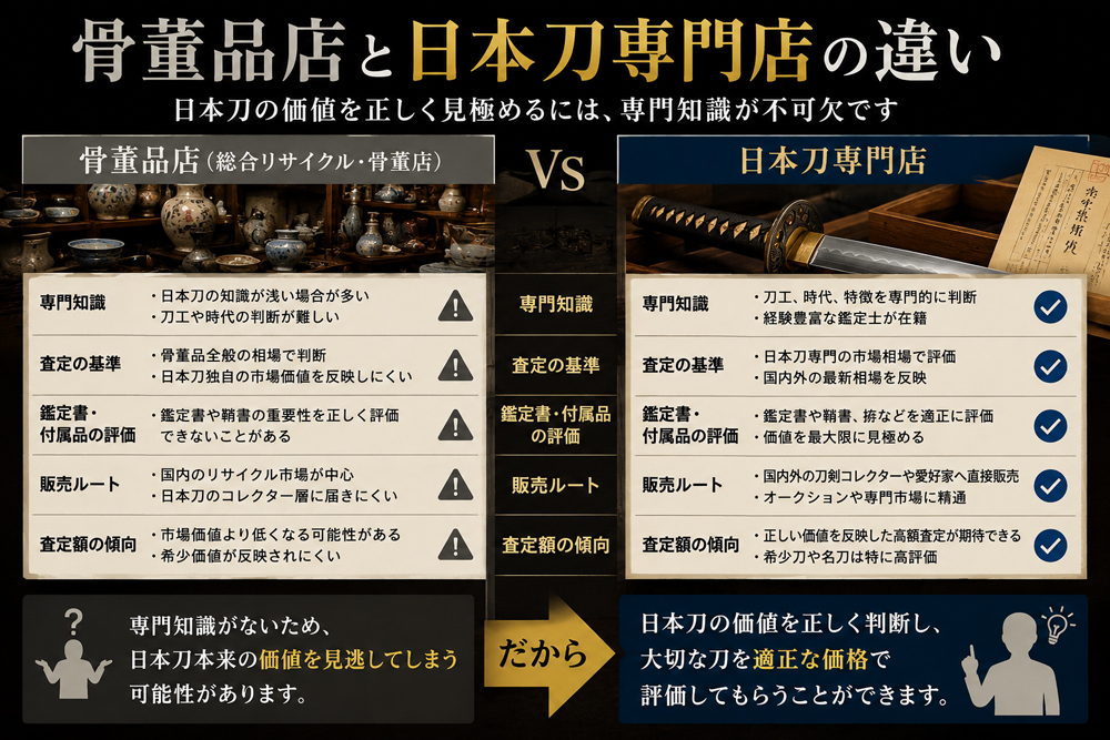 骨董店と日本刀専門店の違いをイラストで説明