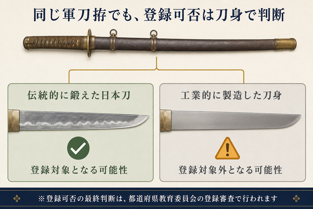 同じ軍刀外装でも刀身の製法により登録可否が異なることを示す図