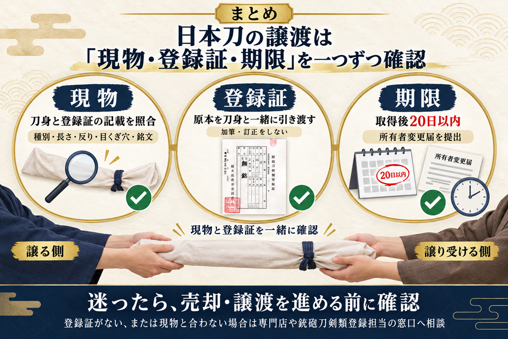 日本刀の譲渡で現物と登録証、所有者変更届の20日以内の期限を確認するまとめ図