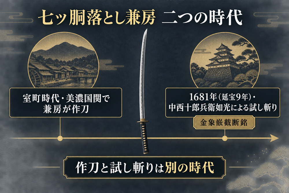 室町時代の兼房作刀から1681年の七ツ胴落截断銘までを示す年表
