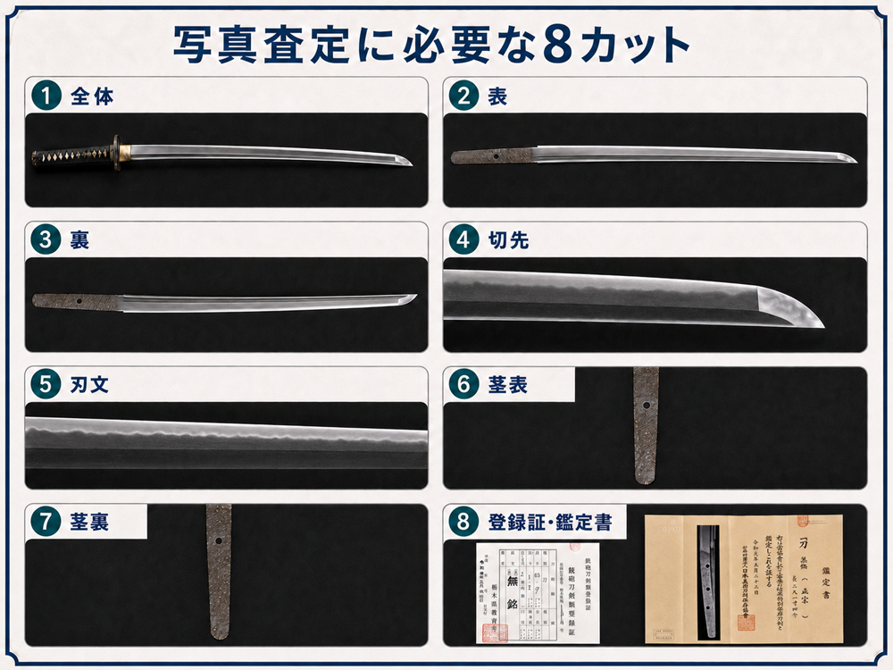 日本刀の写真査定で必要な全体・刃文・切先・茎・登録証など8種類の撮影例