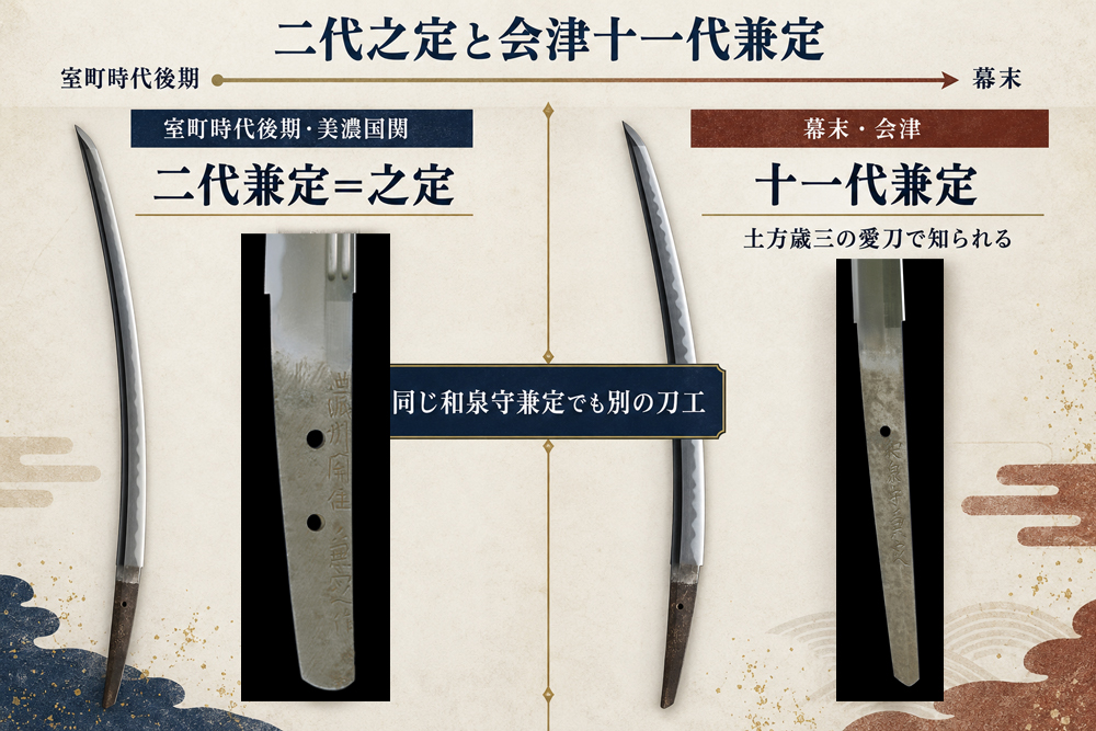 室町時代の二代兼定（之定）と幕末の会津十一代兼定の違いを示す比較図