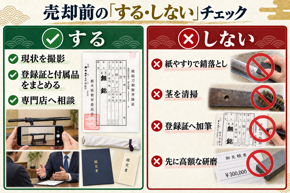 日本刀の売却前に行うことと避けることを比較したチェック図
