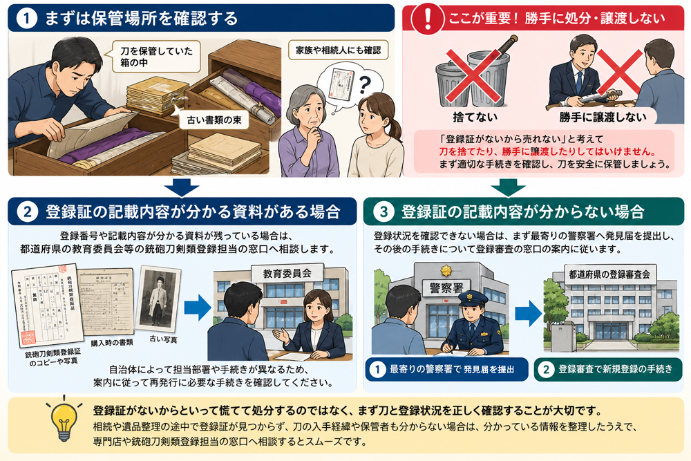 銃砲刀剣類登録証が見つからない場合の確認方法と必要な手続きを示したイラスト