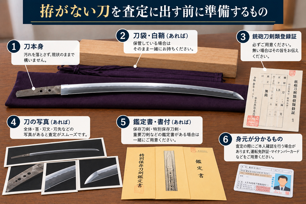 拵がない日本刀を査定に出す前に準備する刀本身、銃砲刀剣類登録証、刀袋、写真、鑑定書などを示したイラスト