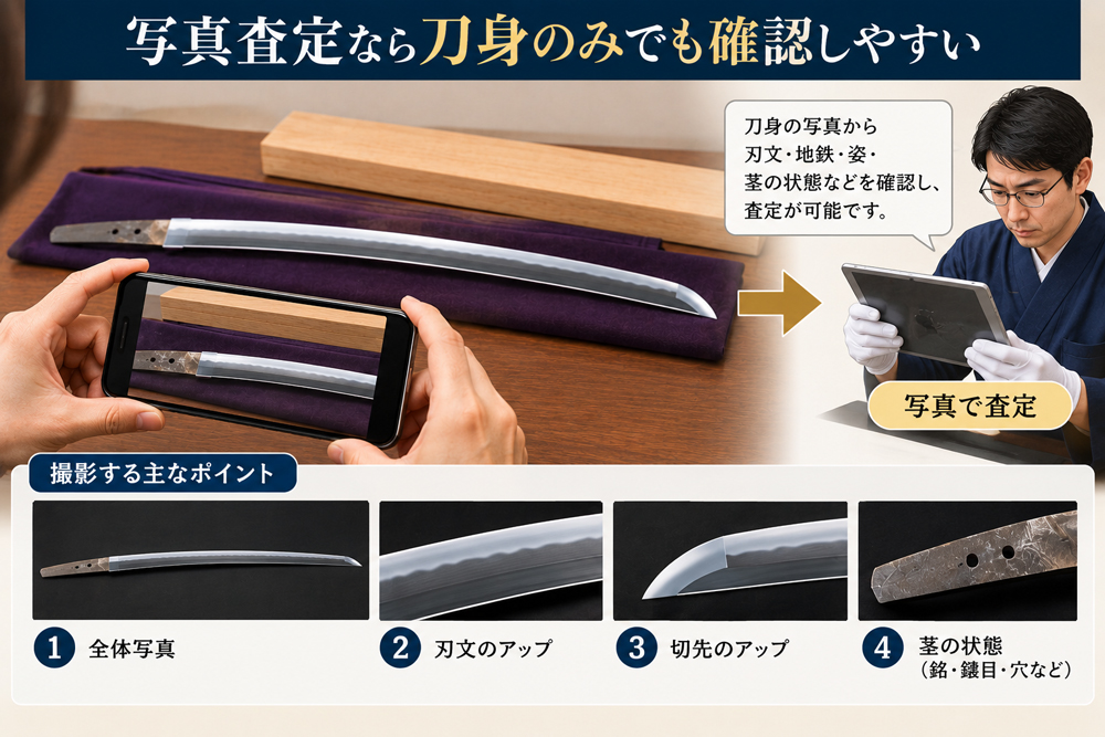 拵がない日本刀を刀身のみで写真査定する方法と撮影ポイントを示したイラスト