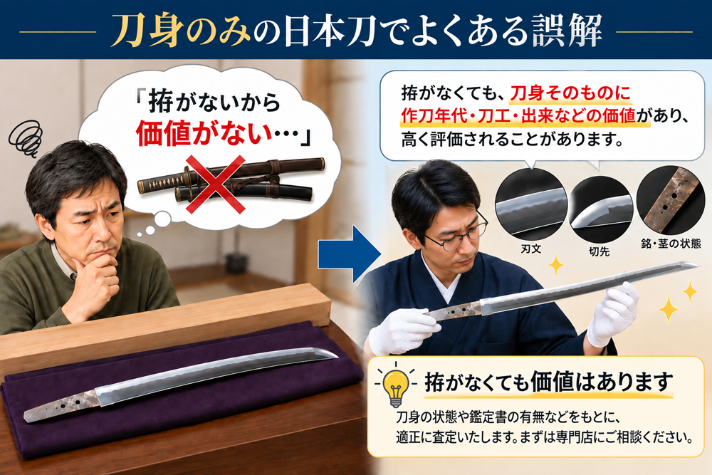 拵がない日本刀でも刀身の作刀年代や刀工、出来、状態などを確認して査定することを示したイラスト