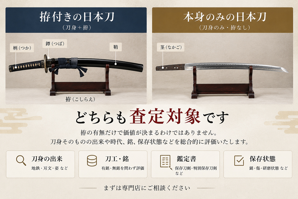 拵付きの刀と本身のみの刀を左右に並べ、どちらも査定対象であることを示す比較イラスト