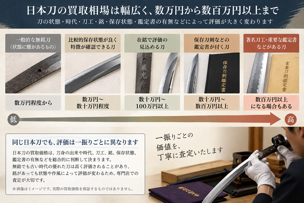 数万円から数百万円以上まで価格幅があることを示す査定イラスト