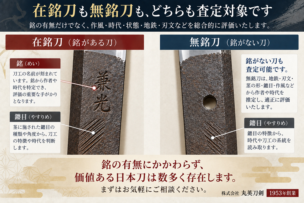 在銘刀と無銘刀を並べ、どちらも査定対象であることを示すイラスト