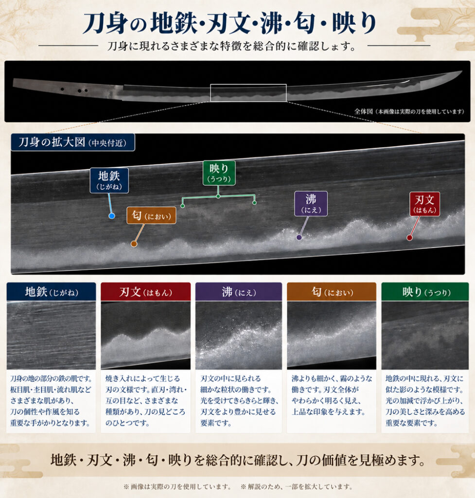 刀身の一部を拡大し、地鉄・刃文・沸・匂・映りを視覚的に表現したイラスト