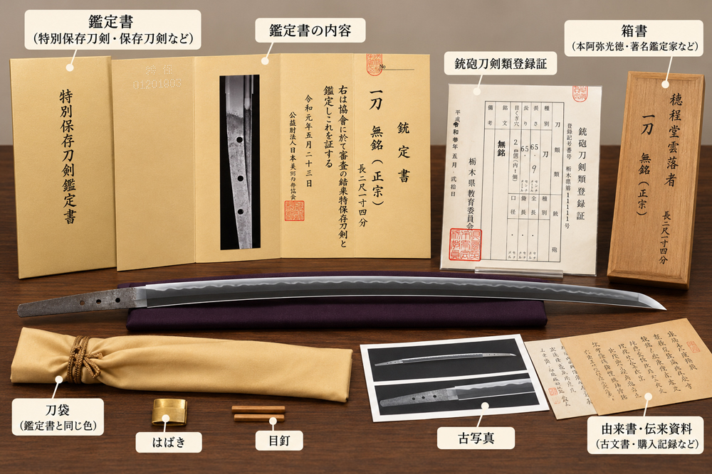 日本刀の査定で鑑定書や銃砲刀剣類登録証、刀袋、箱書、古写真などの付属資料を確認するイメージ