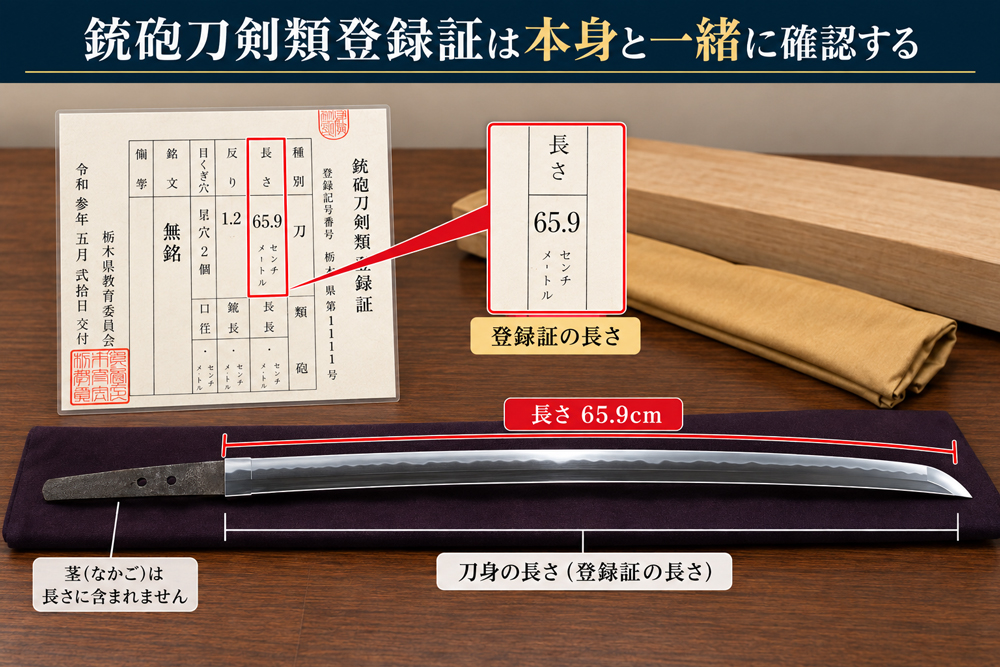 銃砲刀剣類登録証の長さと本身の刀身の長さを照合する確認イラスト
