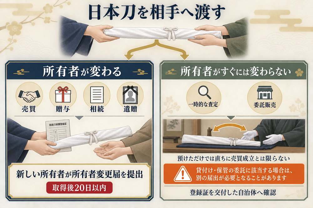 日本刀の売買・贈与・相続・遺贈と一時査定・委託販売で必要な届出の違いを示す図
