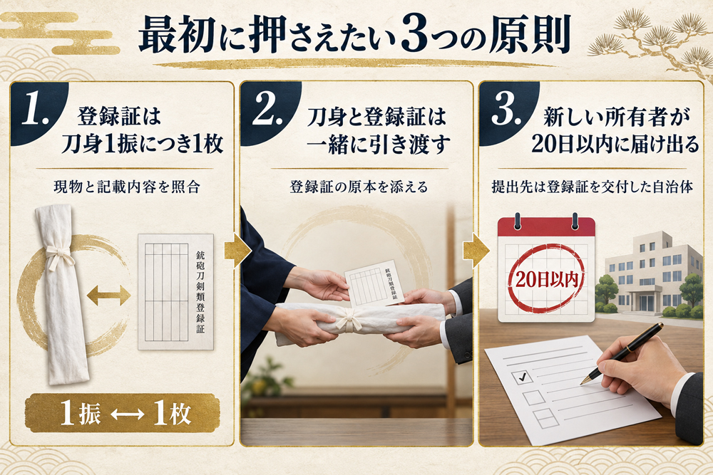 日本刀の譲渡で確認する登録証と20日以内の所有者変更届の3原則