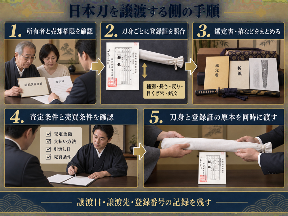 日本刀を譲渡する側が所有者確認から刀身と登録証の引渡しまでに行う5つの手順
