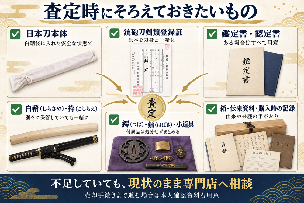 日本刀の査定時にそろえておきたい登録証や鑑定書、拵、付属品などを示すチェック図