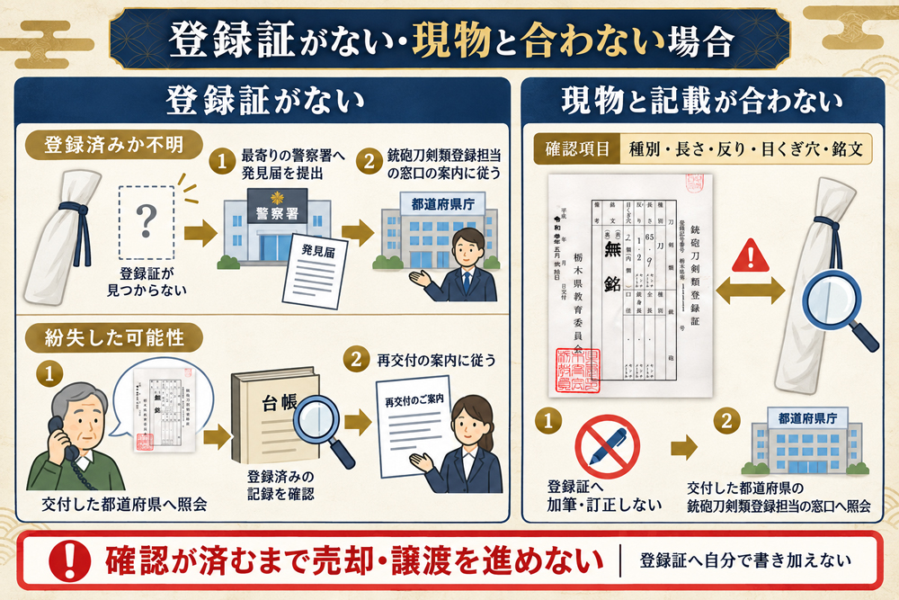 日本刀の登録証がない場合と現物の記載が合わない場合の確認手続きを示す図