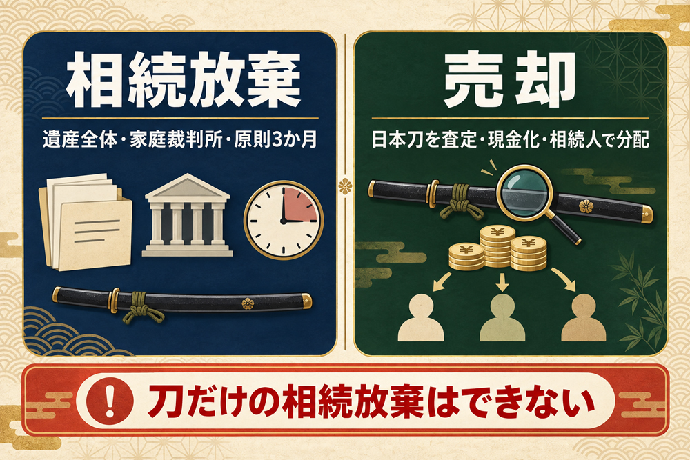 日本刀を含む相続放棄と相続後の売却の違いを示す比較図