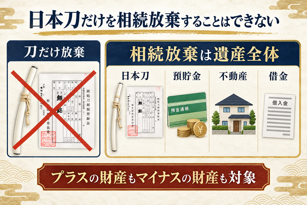日本刀だけを選んで相続放棄することはできず遺産全体が対象になることを示す図