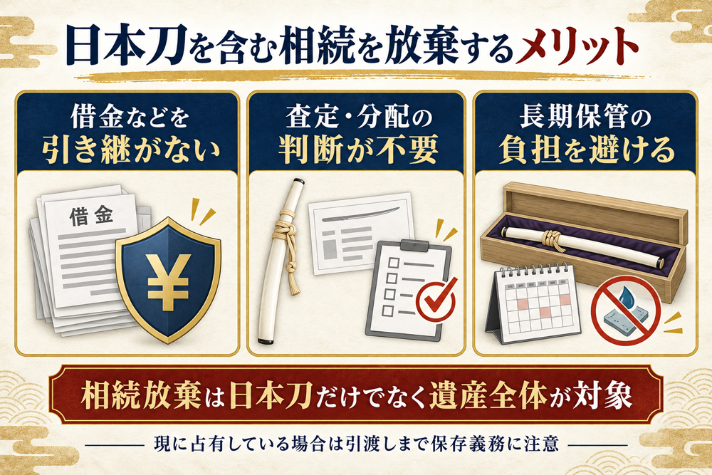日本刀を含む相続を放棄する3つのメリットと注意点を示す図