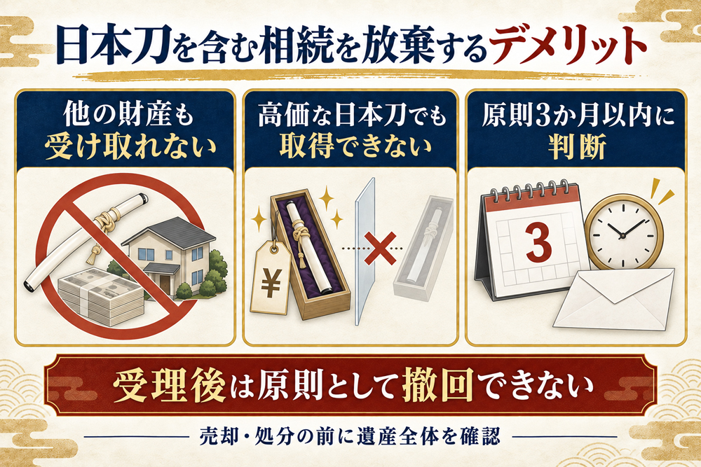 日本刀を含む相続を放棄する3つのデメリットと注意点を示す図