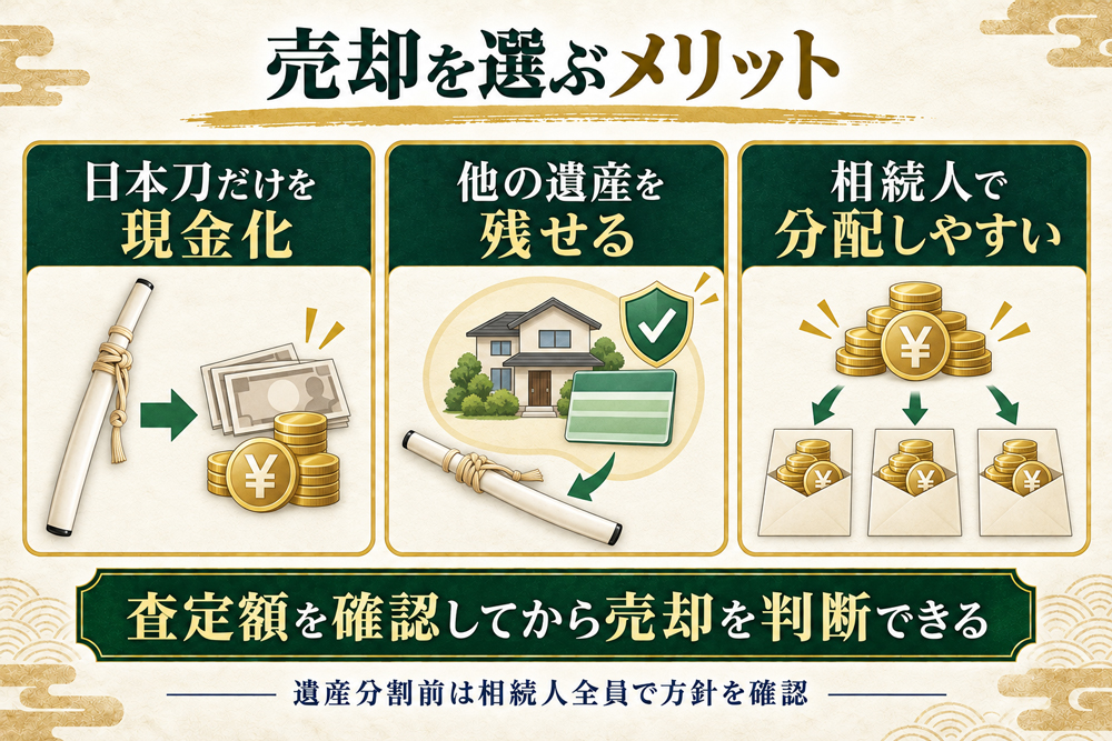 相続した日本刀を売却する3つのメリットと注意点を示す図