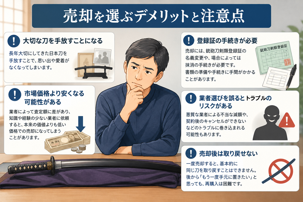 相続した日本刀を売却する3つのメリットと注意点を示す図