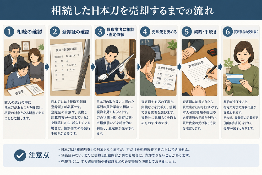 相続した日本刀を売却するまでの流れを6段階で解説したイラスト
