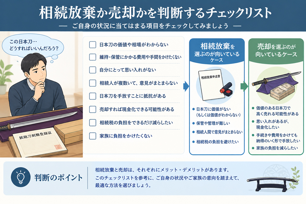 相続放棄か売却か、日本刀の相続後の選択を判断するチェックリストのイラスト