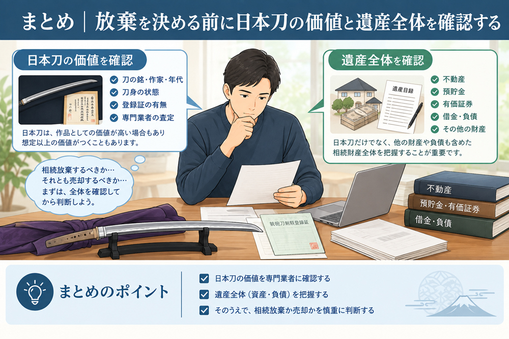 相続放棄を決める前に日本刀の価値と遺産全体を確認するポイントをまとめたイラスト