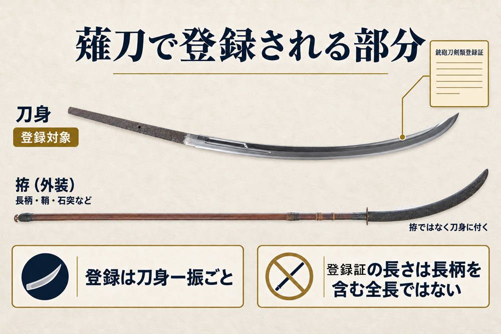 薙刀の刀身と拵を分け、銃砲刀剣類登録証が長柄ではなく刀身に付くことを示す図